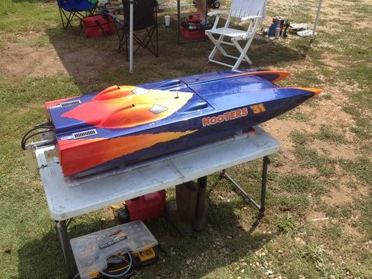 Cool boat at mini-Shootout. Fun afternoon watching model boats go VERY fast and being with friends.