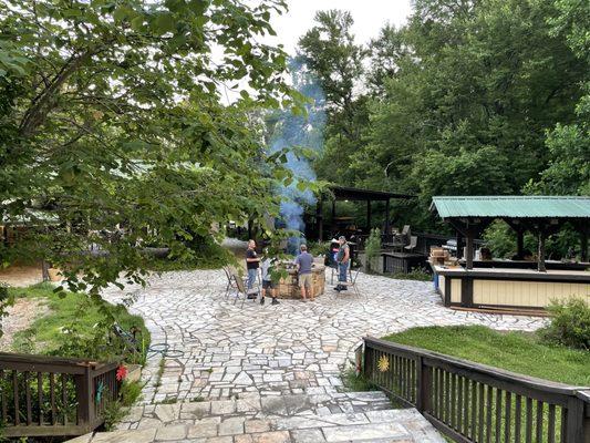 Outdoor fireplace and seating area