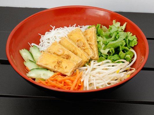 Tofu Vermicelli Noodle Bowl with bean sprouts, pickled carrtos, lettuce, cumber, and peanut sauce (Vegan friendly)