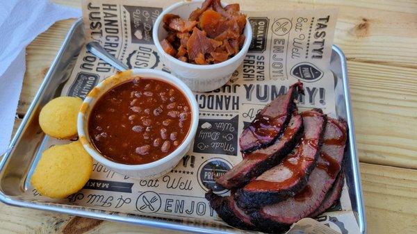 Baked beans, yams, and brisket