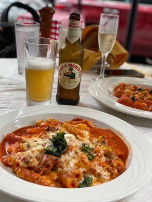 Moretti beer and rigatoni al forno