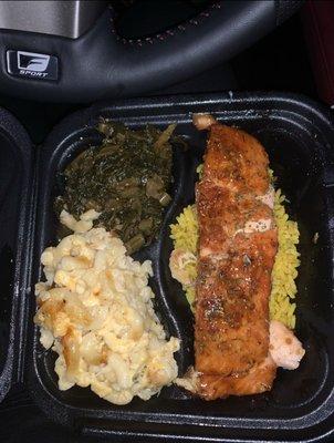 Yummy...Smoked Salmon/Rice, Mac and Cheese, Collards