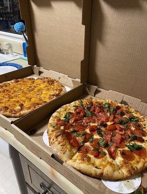 Barbecue chicken (left) and white pizza with double pepperoni (right)