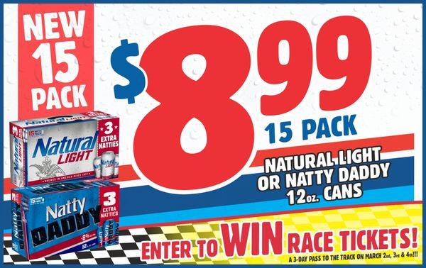 Flavorful beer at a great price!! Low price of $8.99 for 15, 12 oz cans! While you are here enter to win race tickets!