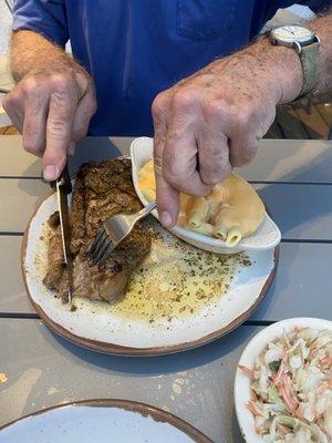 NY strip, Mac and cheese, coleslaw.