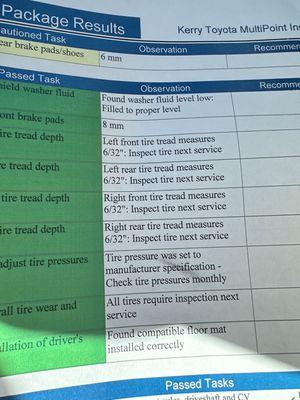 Receipt showing tire tread 2 weeks ago was well above 3