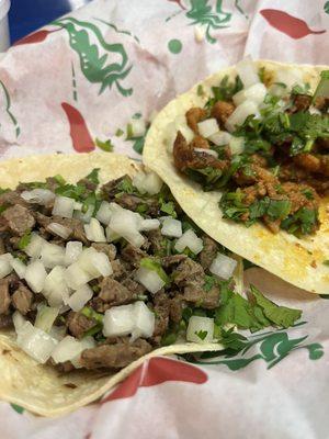 Carne asada and Al pastor tacos