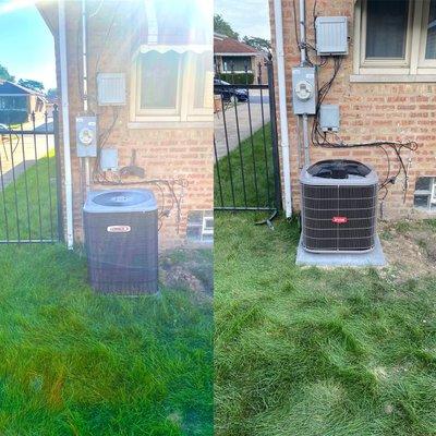 2.5 ton 13 seer Bryant ac installed by browns heating and cooling. Old unit wasn't level. Leveled new pad to keep new unit level.