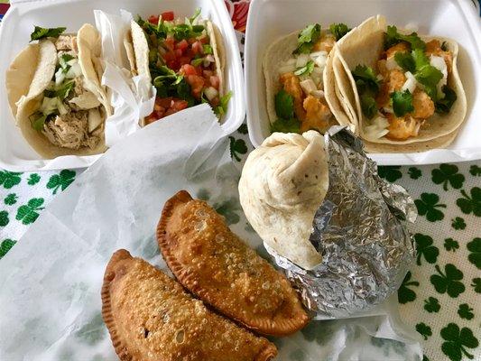 Empanadas, chicken burrito, and a variety of tacos!