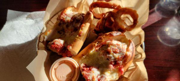 Meatball sub with onion rings