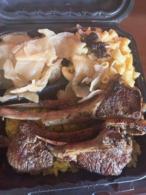 Lamp chops, cabbage, Mac and cheese.