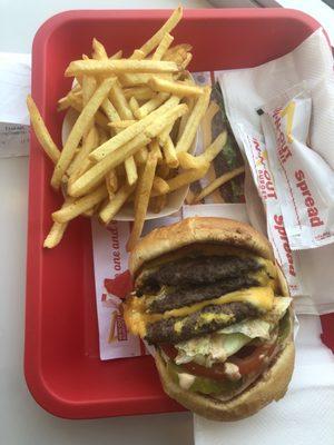 3x3 animal style ($5.45) and well done fries ($1.95)