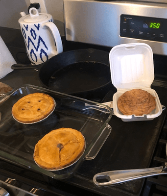 two pot pies heated up at home and the lemon meringue pie.