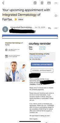 Email reminder from integrated dermatology of Fairfax