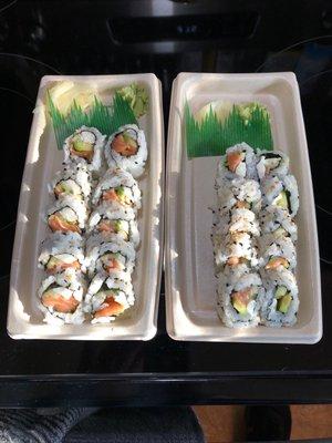 Two very different sushi portions, each priced $7.49.