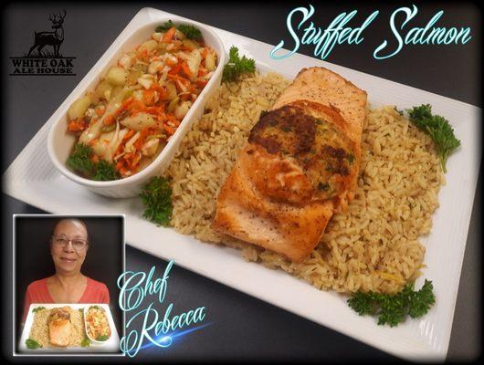 February Special! Crab Stuffed Salmon, served on a bed of rice, with a side of Vinegar Slaw!