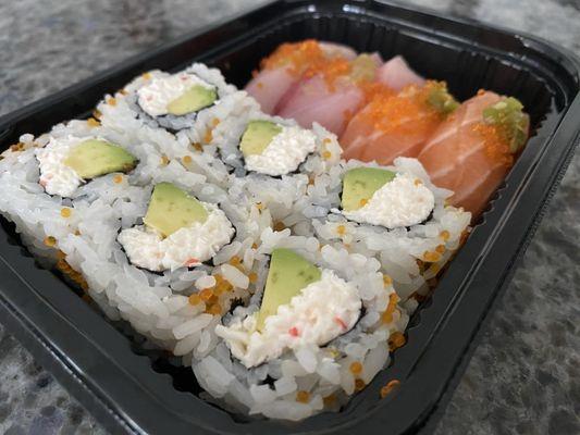 California roll; white tuna and hamachi nigiri (DoorDash)