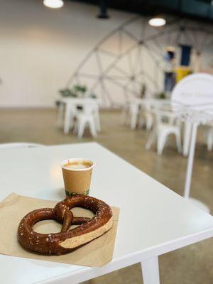 Oat flat white and a pretzel