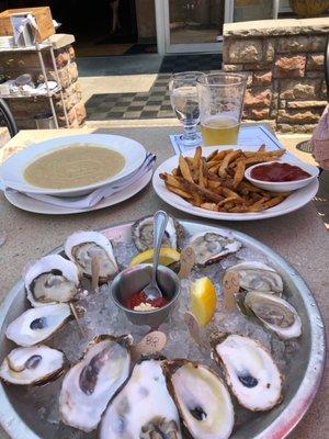 Oysters, potato leek asparagus soup, french fries