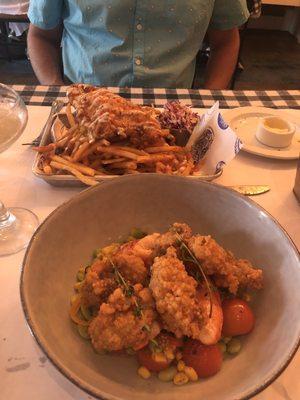 Fried oysters and lobster over succotash and the fried fish plate.