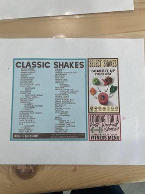 Shakes menu