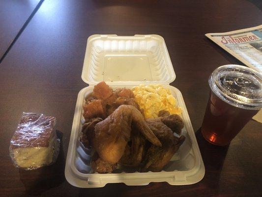 Chicken Wings Dinner with Macaroni and Cheese and sweet potatoes. Sweet Tea and cornbread.