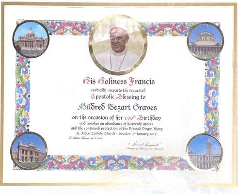 Acknowledgment from pope Francis (Vaticans)  To my late great grandmother! Showing proof I grew up from a catholic background