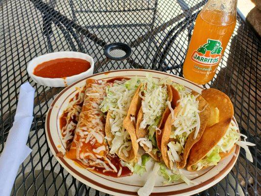 Beef enchilada, potato tacos and drink, all for less than $10.