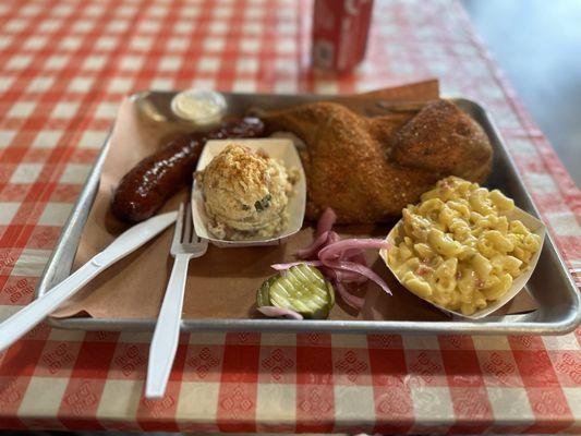 Jalapeño infused sausage, chicken, Mac & cheese, & potato salad.