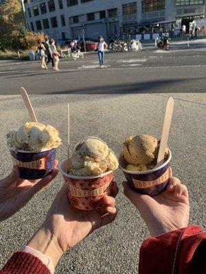 11/8/20 double scoops: apple cider donut (L), pumpkin spice latte (M), and coffee (R) ice cream