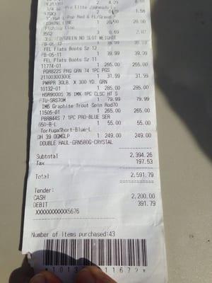 This is a copy of the receipt that I had for my rod that they would not return. Horrible customer service. Unbelievable !