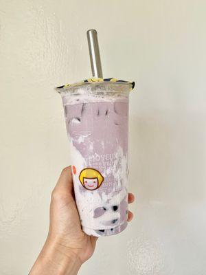 Ube milk tea w/taro puff cream and honey boba (taro balls out of stock)