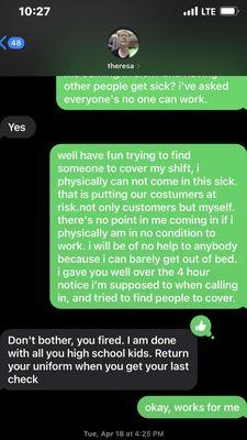 texts where she fired an employee whom was sick