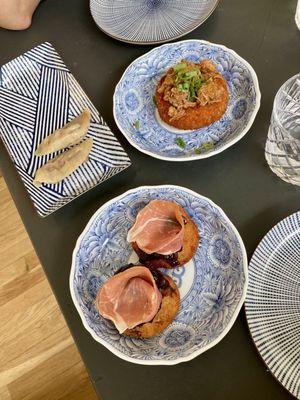 Risotto Cake, French Onion Dumplings, and Prosciutto Croquette.