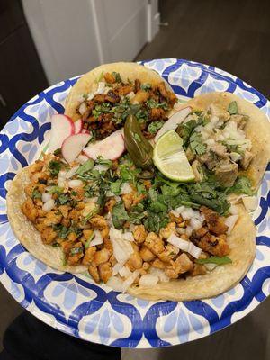 Chicken tacos, al pastor, chile verde