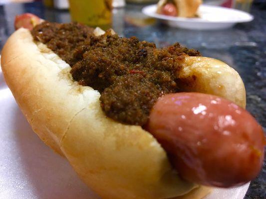 Texas wiener hot dog with onions and chili