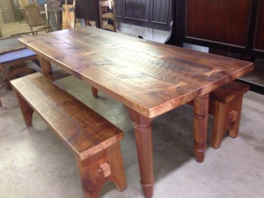 Custom built farm table from reclaimed wood.