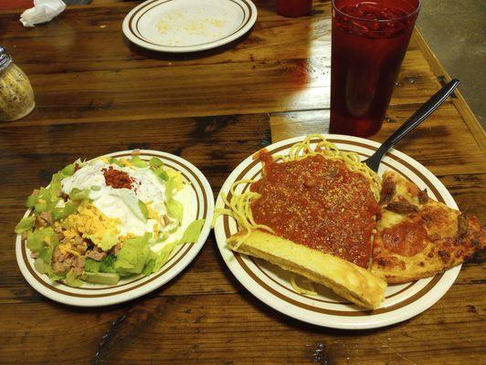 Custom made chef salad and spaghetti with spicy sauce, garlic bread stick and pepperoni sausage pizza w/ Sweet tea