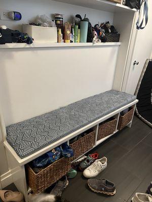 Messy mudroom with beautiful new bench cushion