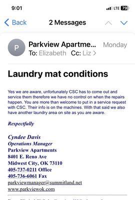 Laundry not working? the office will tell you to call the company yourself. Sorry, that's NOT MY JOB!! SMH!!!