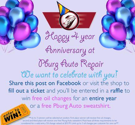 Share our post on Facebook or come visit to fill out a ticket to win a free year of oil changes!