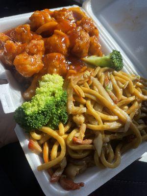 Combo lo mien with orange chicken lunch plate