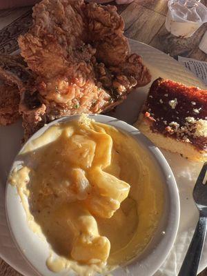 Chop, cheesy potatoes and cornbread (not pictured was the okra)