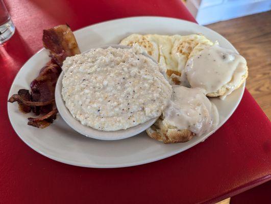 Breakfast platter. Grits, gravy, biscuits, eggs cooked exactly as ordered, and tasty bacon.