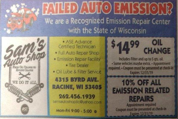 FAILED EMISSIONS No problem. Our ASE Certified technician can help you. Give us a Call at 262-456-1939.