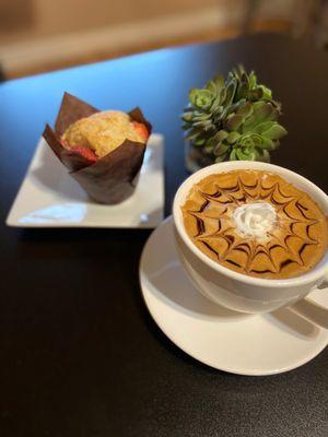 White Choc Strawberry Muffin and Mocha Latte