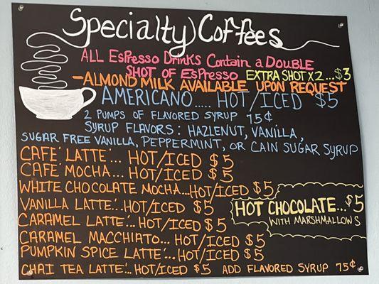 Coffee menu