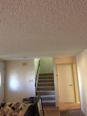 Popcorn ceiling removed and re-installed. Nothing more but paint on the walls only in this direct room, not the adjoining dininroom.