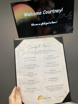 Comfort menu and welcome screen