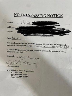 No Trespassing Order....